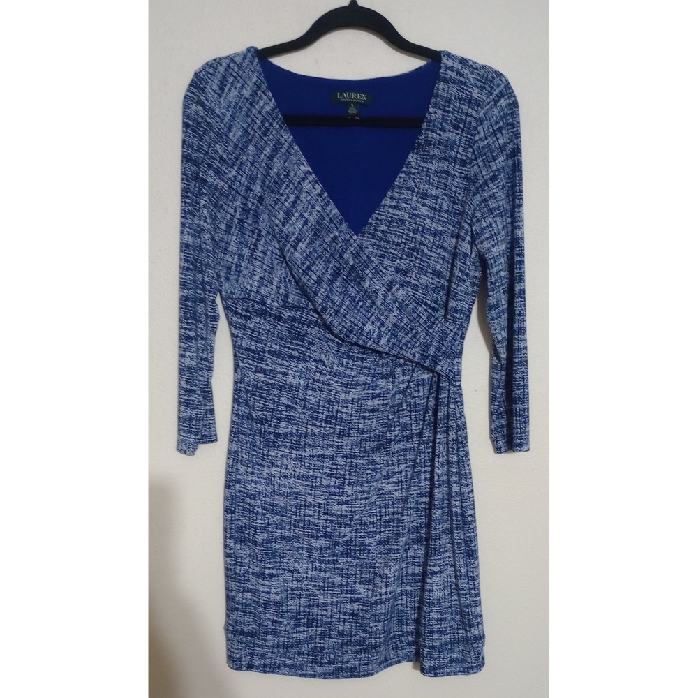 Lauren Ralph Lauren Blue White Faux Wrap Sheath Dress 3/4 Sleeve Size 8